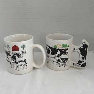 Vintage E Rosen 1996 Cow Mugs Set of 2 Figural Handle Farmhouse Ceramic White